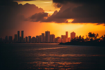 Miami at sunset. Miami Beach South Beach, Florida, colorful skyline. Buildings with hotels and apartments near coastline near ocean. Sea at sunset. Ai Generative illustration
