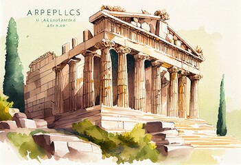 Obraz premium Watercolor Illustration of a Acropolis Of Athens In Greece. Banner Illustration. Illustration. Generative AI