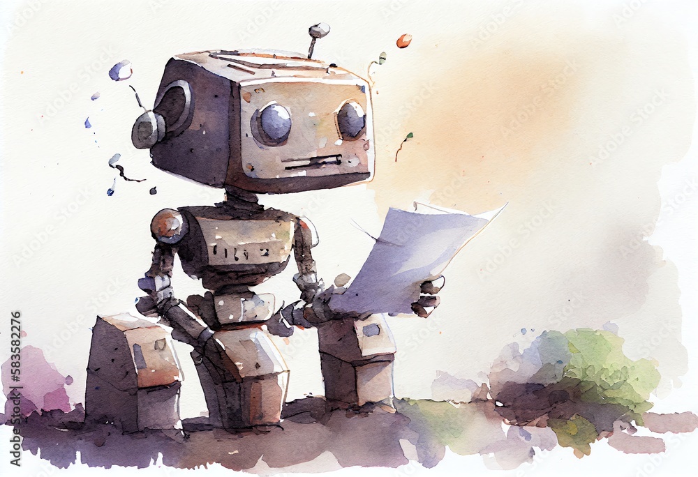 Poster watercolor illustration of a chatgpt robot learning and answering questions. generative ai