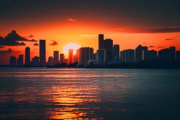 Miami at sunset. Miami Beach South Beach, Florida, colorful skyline. Buildings with hotels and apartments near coastline near ocean. Sea at sunset. Ai Generative illustration