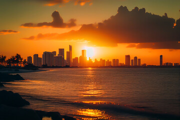 Miami at sunset. Miami Beach South Beach, Florida, colorful skyline. Buildings with hotels and apartments near coastline near ocean. Sea at sunset. Ai Generative illustration