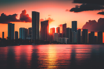 Obraz premium Miami at sunset. Miami Beach South Beach, Florida, colorful skyline. Buildings with hotels and apartments near coastline near ocean. Sea at sunset. Ai Generative illustration