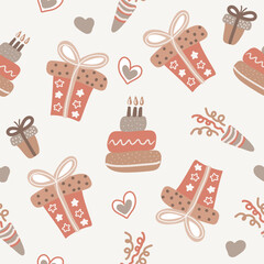 Kids or baby party presents, boho colors seamless pattern with gift boxes and cake, hearts
