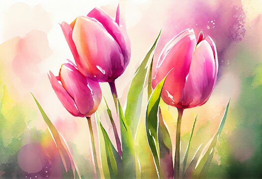 Watercolor Illustration of a Beautiful Pink Tulips On A Blurry Background. Spring Background. Generative AI