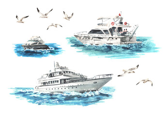 Fototapeta na wymiar Sea boat, yacht and seagulls set. Hand drawn watercolor illustration isolated on white background