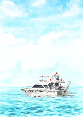 Obraz premium Sea boat, yacht on the waves and blue sky. Hand drawn watercolor illustration isolated on white background