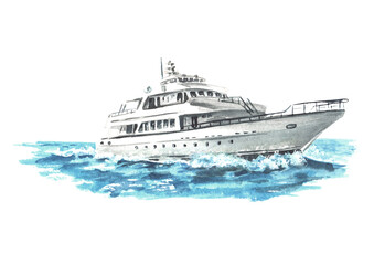 Fototapeta premium Sea boat, yacht. Hand drawn watercolor illustration isolated on white background