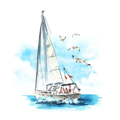 Sailboat, sailing yacht on the waves and seagulls. Hand drawn watercolor illustration  isolated on white background