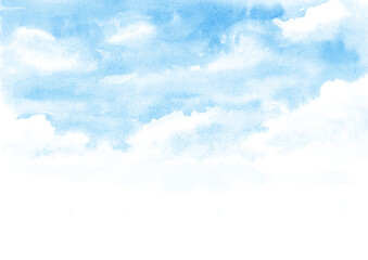 Blue sky with clouds. Watercolor illustration, hand drawn background