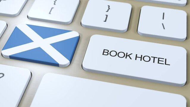 Book hotel in Scotland with website online. Button on computer keyboard. Travel concept 3D animation. Book hotel text and Scotland national flag