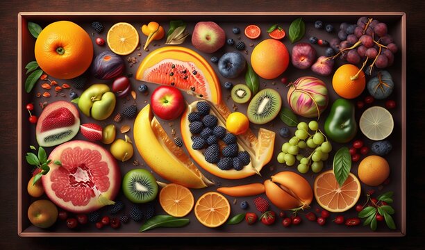  a painting of a variety of fruits on a wooden table.  generative ai