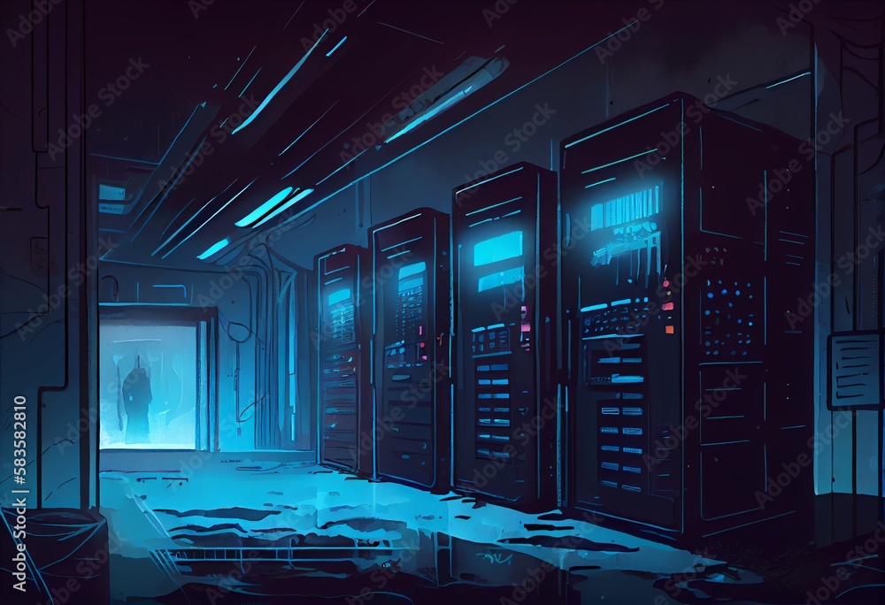Poster watercolor illustration of a dark servers data center room with computers and storage systems and bl
