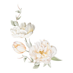 Watercolor floral bouquet of white delicate flowers and green leaves. Illustrations, isolated on white background for wedding invitations, postcards