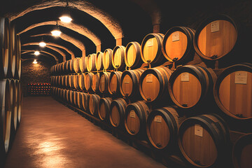 Wine cellar with Wine barrels. Grape barrels in old wine storage. Wooden oak barrels with whiskey in storage. Vintage Wine in an old barrel. Storage of whiskey. Barrel storage of rum, Ai Generate - obrazy, fototapety, plakaty