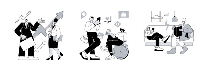 Society development abstract concept vector illustration set. Generation X and Z, young people and parents conflict, generation gap, middle age work-life balance, social media abstract metaphor.