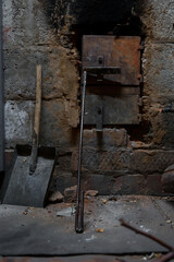wood burning stove and brick wall fired
