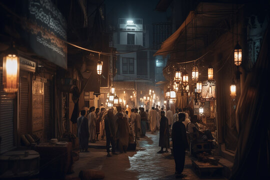 People on the busy night street of the eastern city, ramadan holiday concept. Generative AI