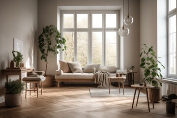 Fototapeta na wymiar Interior design of the room includes a sofa and work table, a metal lamp, a plant vase, a view of the garden, a central coffee table, a blanket, and a parquet floor. Generative AI