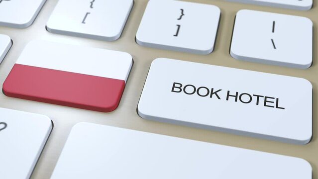 Book hotel in Poland with website online. Button on computer keyboard. Travel concept 3D animation. Book hotel text and Poland national flag