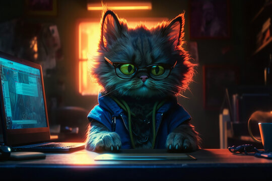 Cat Futuristic Computer Coder Generative AI