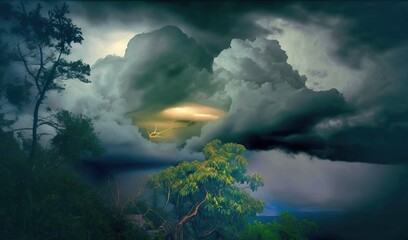  a painting of a storm with a tree in the foreground.  generative ai