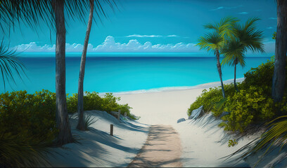  a painting of a path leading to the beach with palm trees.  generative ai