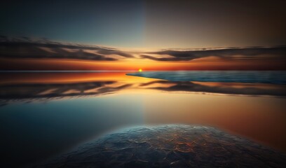 Fototapeta premium the sun is setting over a body of water with a rock in the foreground. generative ai