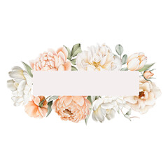 Watercolor floral banner with flowers and leaves. Isolated on white background. Illustration for wedding invitation, save the date or greeting cards.