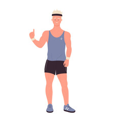 Muscular male trainer pointing finger. Personal training coach, workout program vector illustration