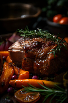 Whole roasted pork neck, stewed in wine with vegetables. (generative ai)