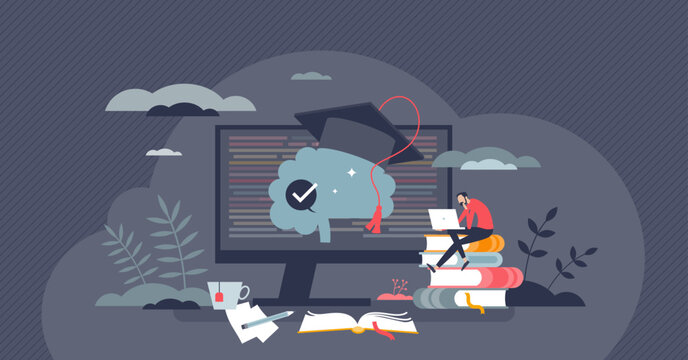 Education technology or edtech for online learning tiny person concept. Digital academic course for university graduation and diploma vector illustration. Smart study from internet library resources.