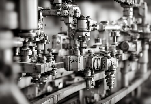 Equipment in a factory. Closeup of machinery detail. Depth of field.