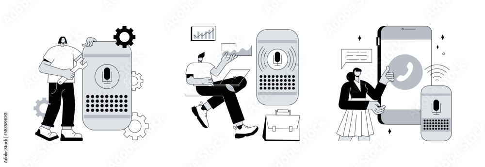 Poster voice assistant abstract concept vector illustration set. smart speaker apps development, office con