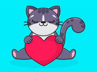 A cute cartoon gray cat holds a pink heart in its paws. Gray cat on a blue background. Vector illustration