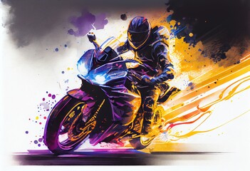Watercolor Illustration of a Sport Racing Bike High Speed With Road Lights. Generative AI
