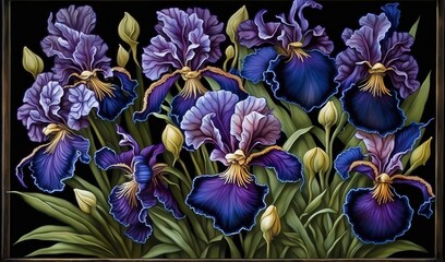  a painting of purple flowers with green leaves on a black background.  generative ai
