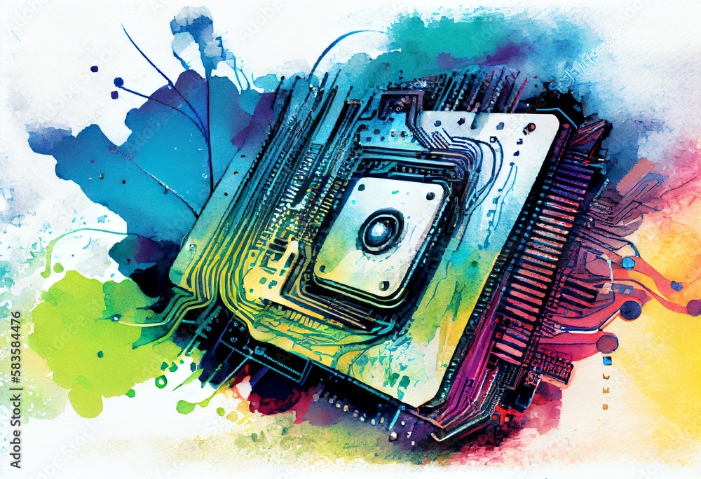 Poster watercolor illustration of a technology background. central computer processors cpu concept. motherb