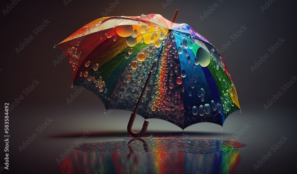 Poster a colorful umbrella with water droplets on it is opened up. generative ai