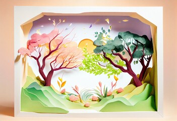 Watercolor Illustration of a Spring Nature Papercut Diorama. Origami Tree. Generative AI