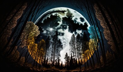 Obraz premium a night scene with a full moon in the sky and trees in the foreground. generative ai