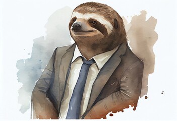 Watercolor Illustration of a Studio Photo Portrait Of A Sloth In Business Clothes, Concept Of Humor And Professionalism,. Generative AI