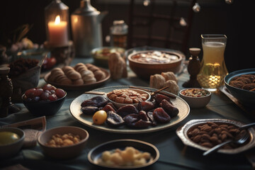 Naklejka premium Traditional dishes and cuisine during the Ramadan holiday. Generative AI