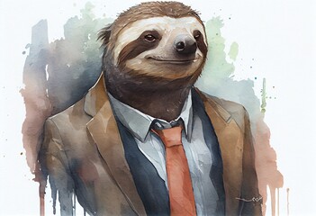 Watercolor Illustration of a Studio Photo Portrait Of A Sloth In Business Clothes, Concept Of Humor And Professionalism,. Generative AI