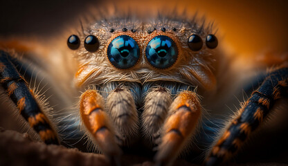 Plano detalle de una araña, haciendo foco en sus ojos y en sus patas. Fondo desenfocado.