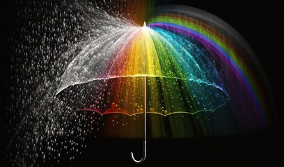  a rainbow umbrella with rain drops falling from the top of it.  generative ai