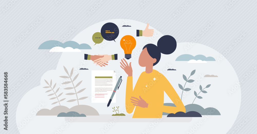 Poster soft skills as ability to successful communication tiny person concept. work project representation 