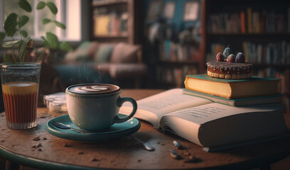  a cup of coffee sitting on top of a table next to a book.  generative ai