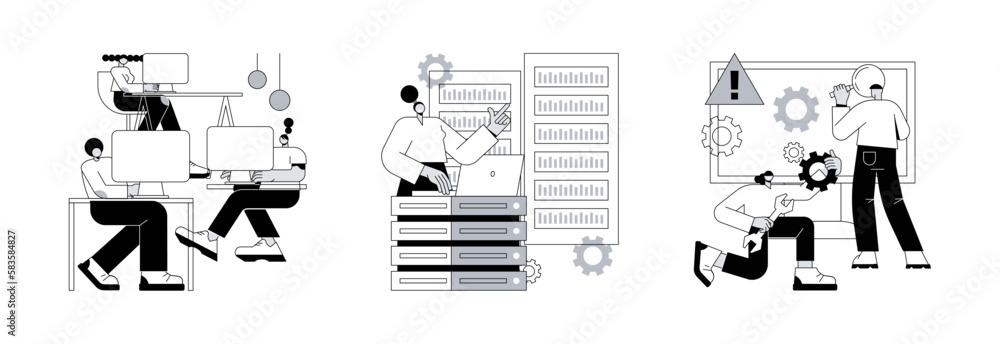 Poster computers and software abstract concept vector illustration set. computer lab, system administration