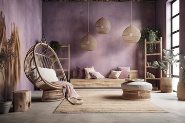 Japanese styled interior design for a home in white and purple tones, a living room in the wabi sabi aesthetic, a wall mockup, and rattan hanging chairs with decorations. Generative AI