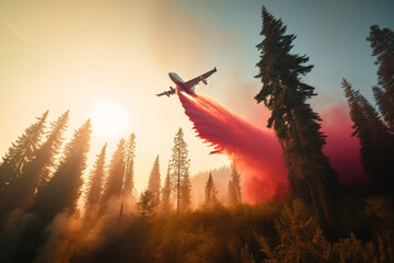 Aircraft puts out a forest fire dumps water on the fire. Generative AI